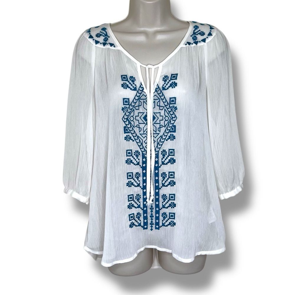 Maurices Boho Embroidered Sheer Off White Peasant Blouse Women Small 3/4 Sleeve